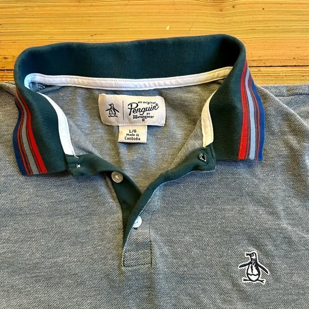 Penguin stripe collar pique pop short sleeve polo. Size L.